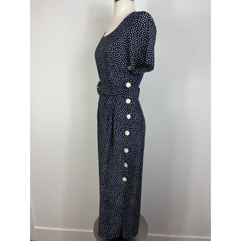 Vtg 90s Polka Dot Midi Dress 6 Navy Blue Ashley Button Side Pencil USA Rayon